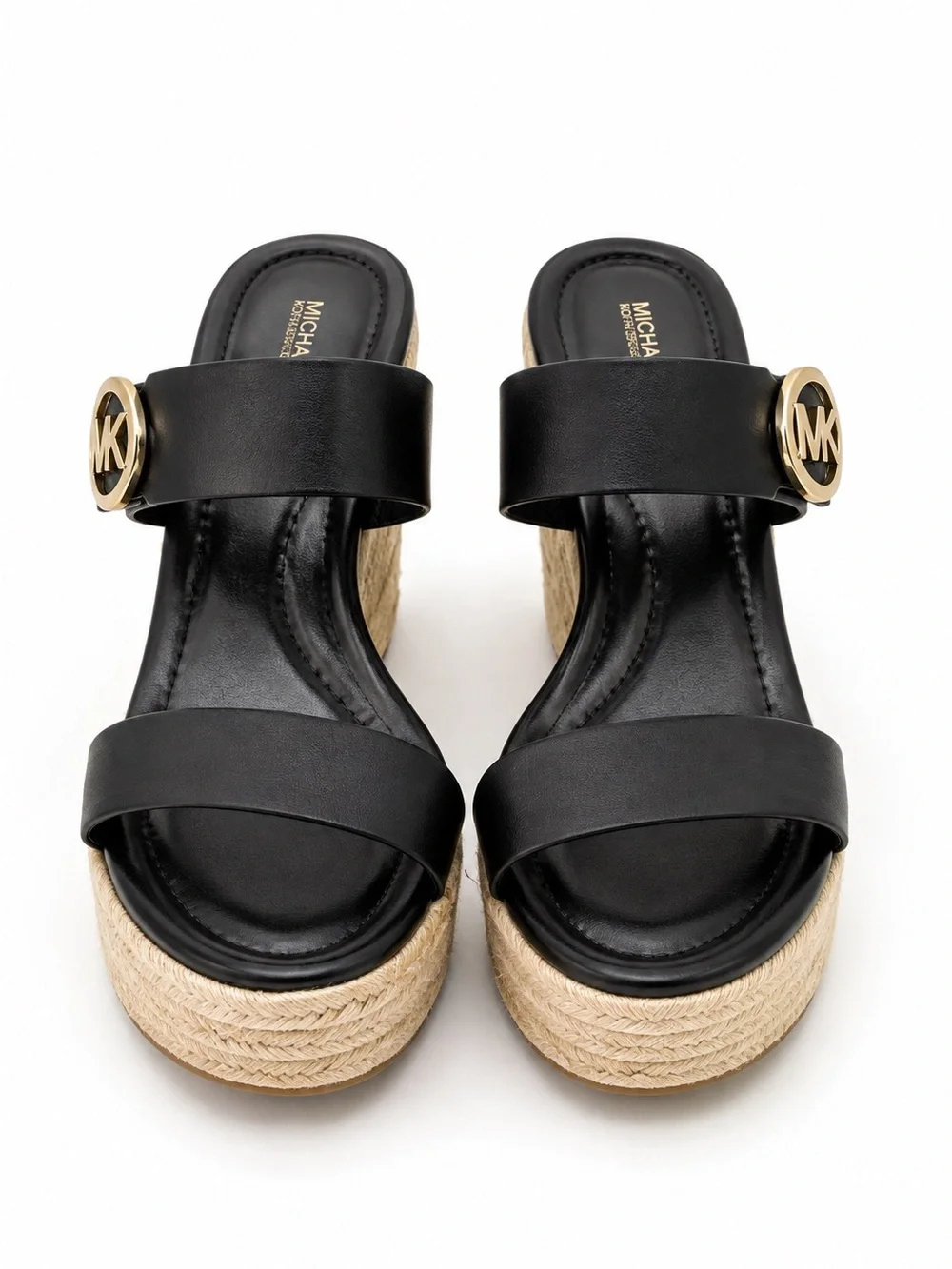 Michael Kors Black Leather Espadrille Wedge Sandals with Gold MK Logo SIZE 6